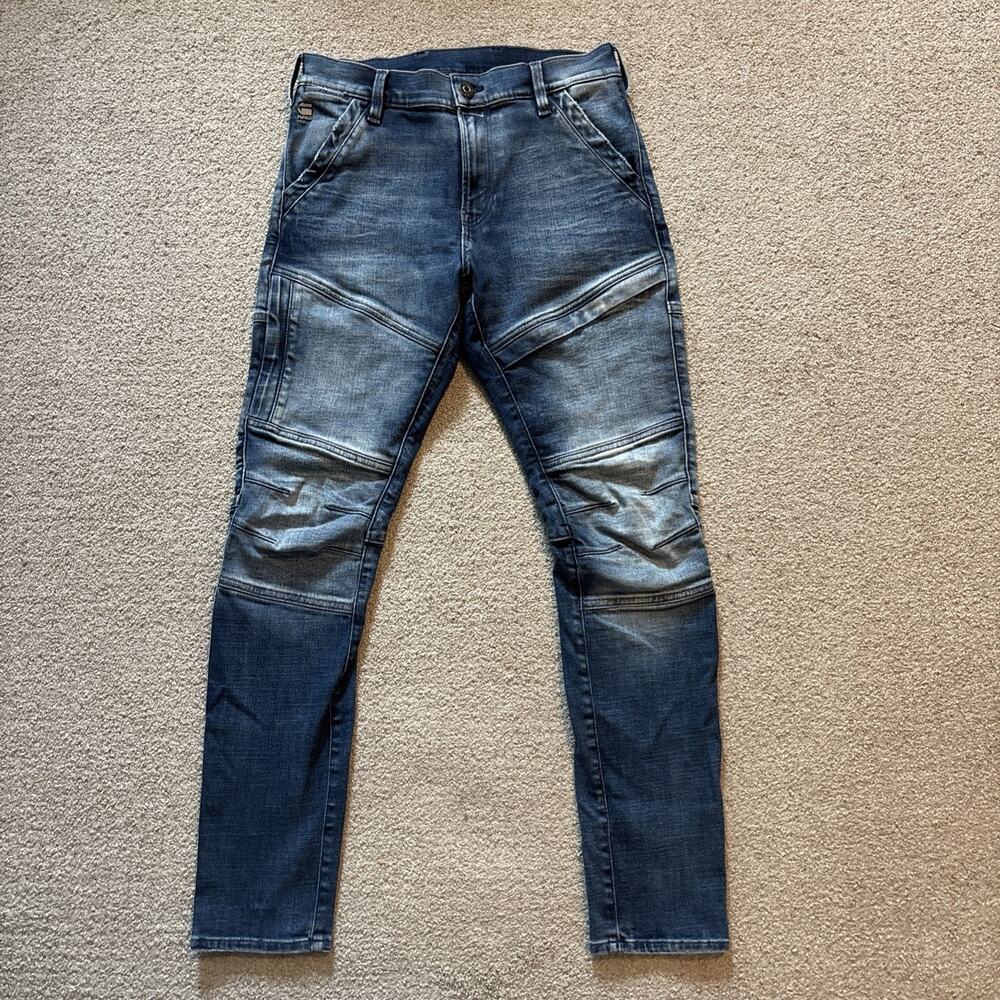 G-Star Raw 3-D Tapered Rackham Jeans Size 29/30 Moto Knees Zip Pockets Stretch